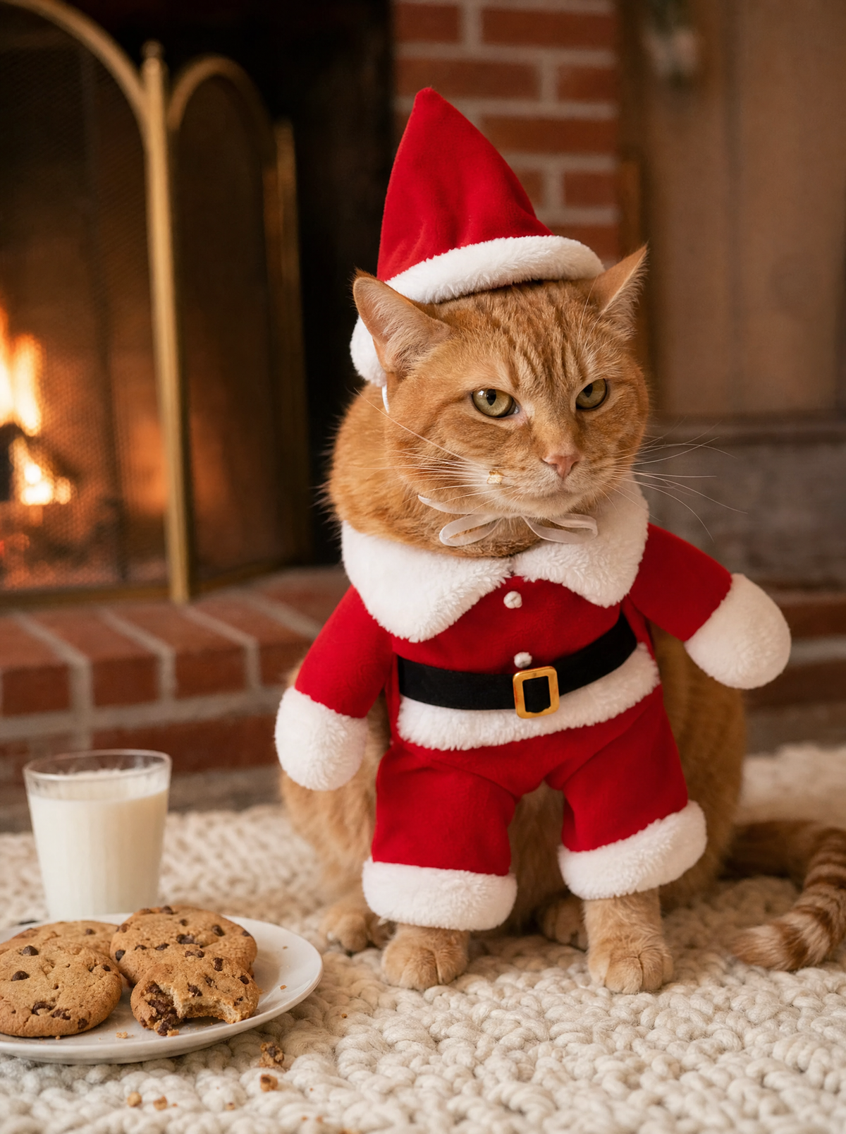 Orange tabby cat in the Fuzzy Felons standing Santa costume by the fireplace