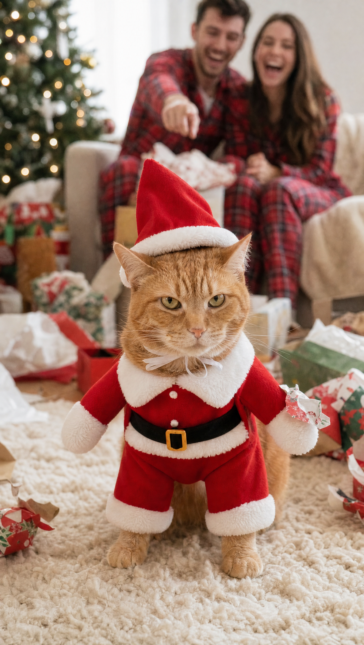 Orange tabby cat in the Fuzzy Felons standing Santa costume on Christmas morning