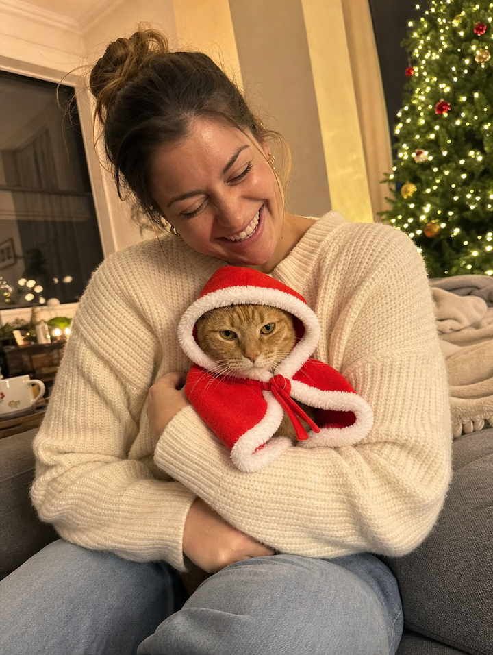 Woman laughing while holding an orange tabby cat in a red Santa hooded cape