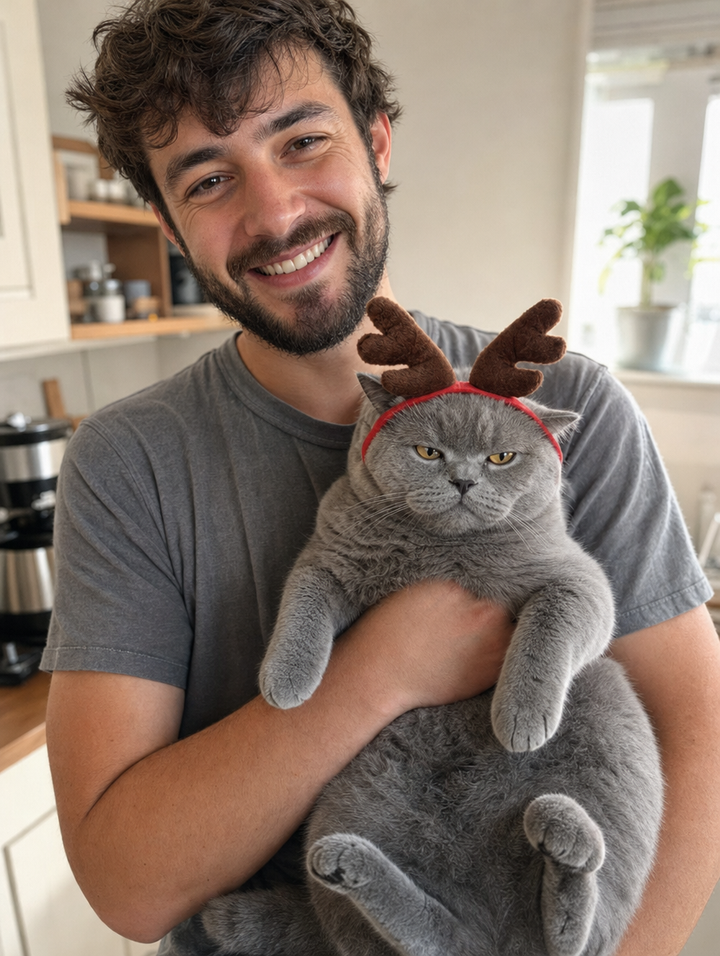 Man holding a grey cat wearing reindeer antlers