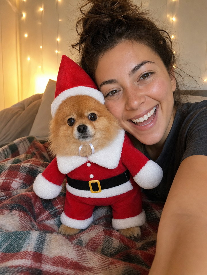 Woman taking a selfie with a Pomeranian in a Standing Santa suit