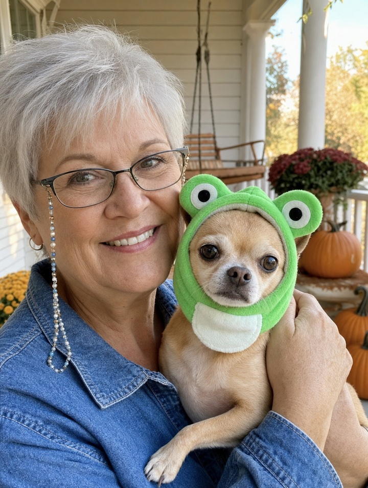 Woman holding a chihuahua in a green frog hat