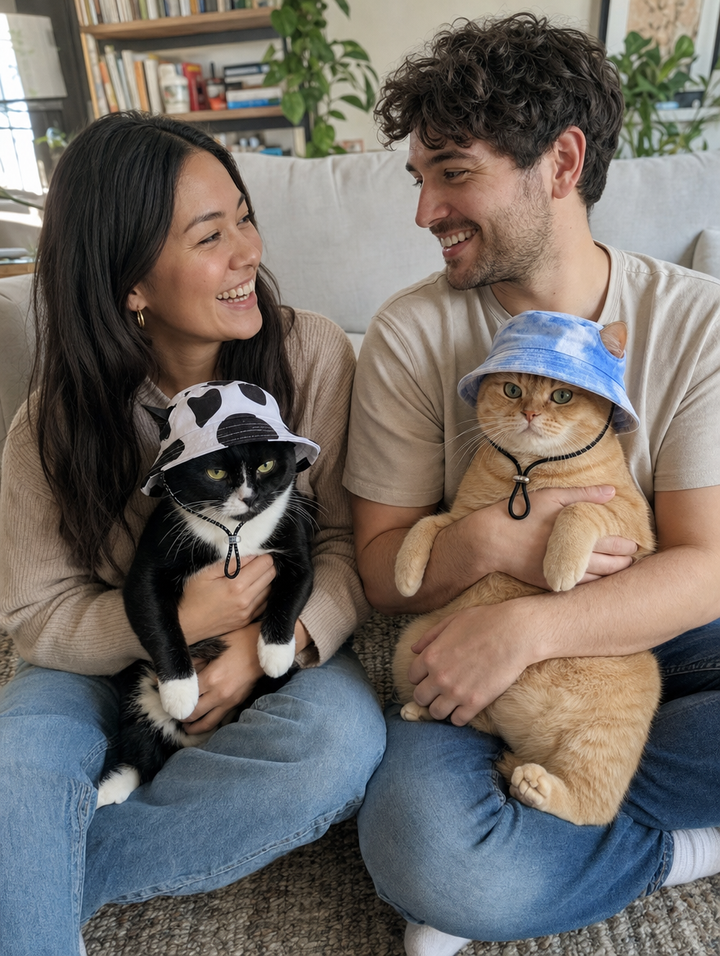 Couple holding two cats in bucket hats