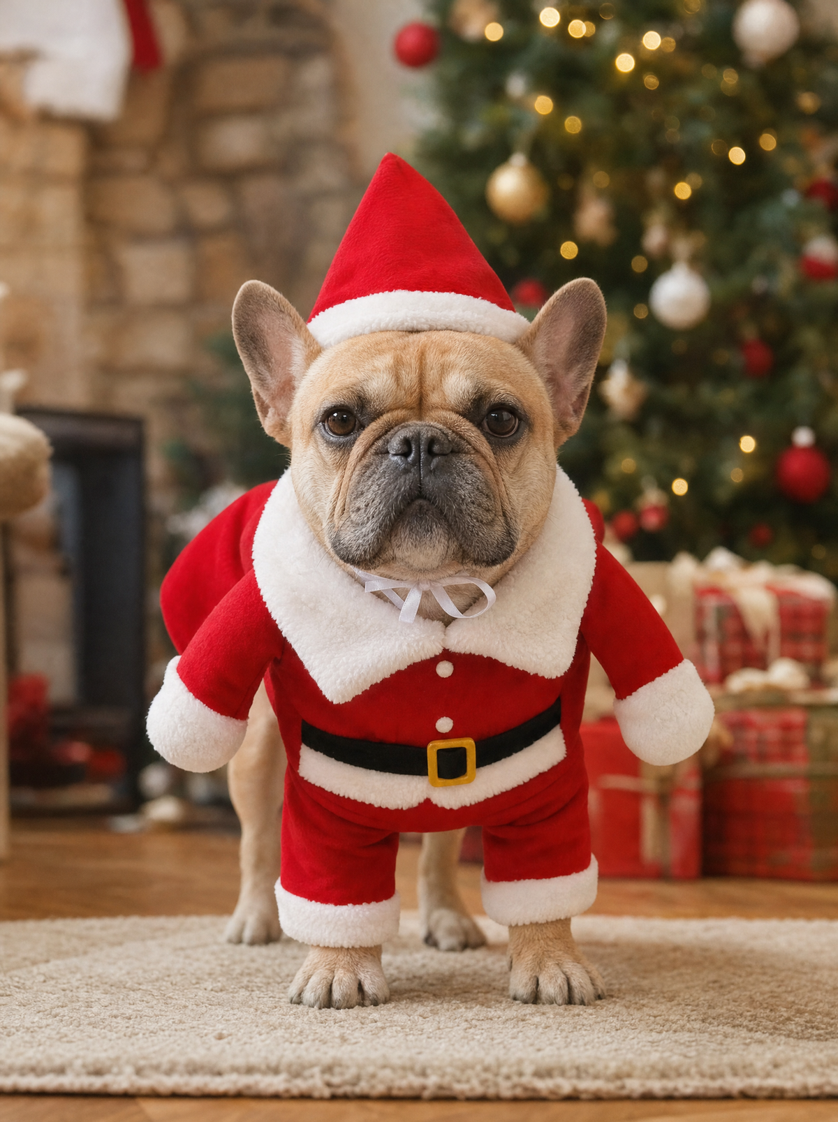 French Bulldog in the Santa suit by the Christmas tree