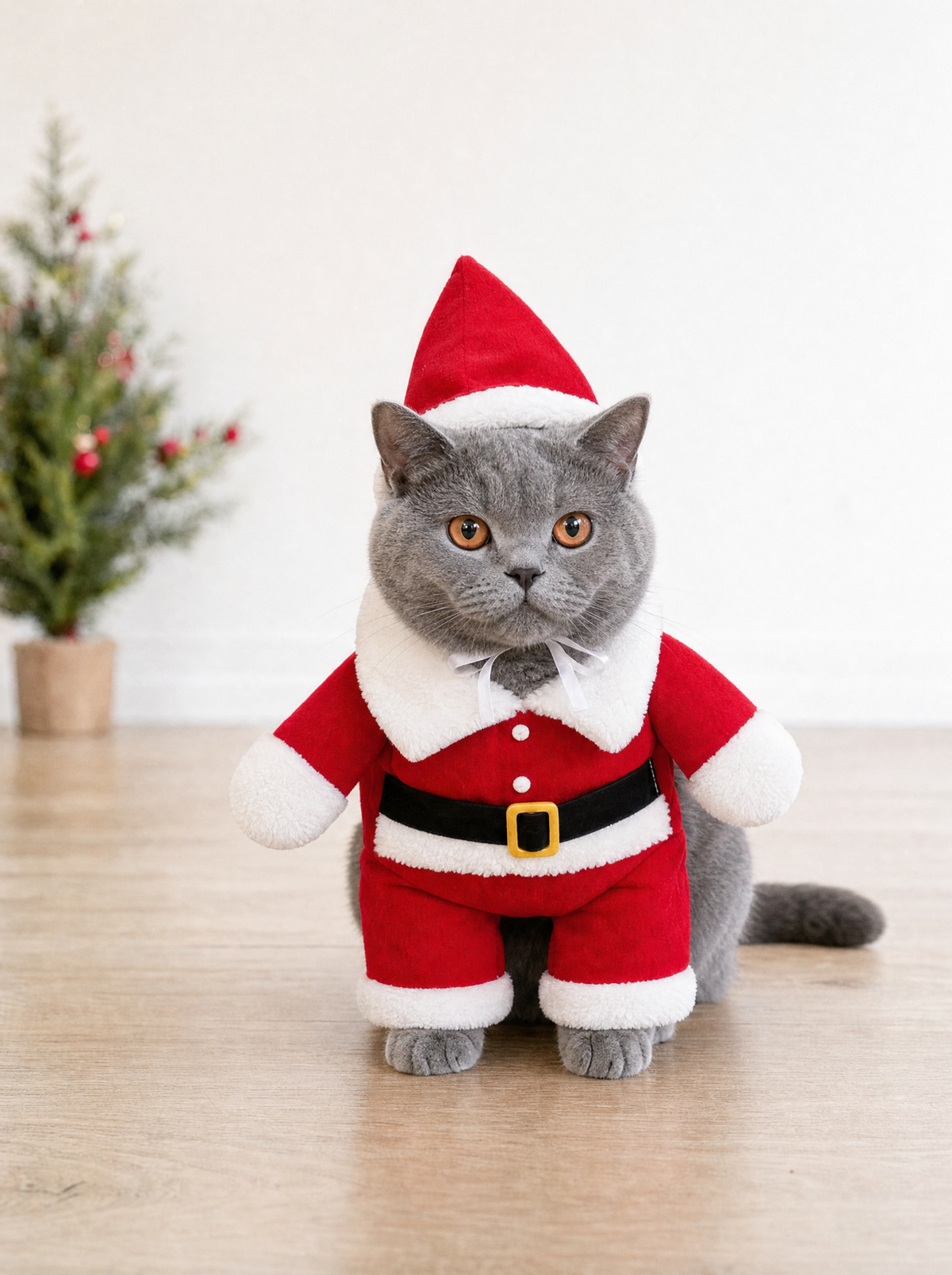 British Shorthair cat in the Santa suit