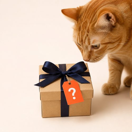 Mystery Felon Gift - a kraft gift box with a navy bow and orange question mark tag, with a curious orange tabby cat
